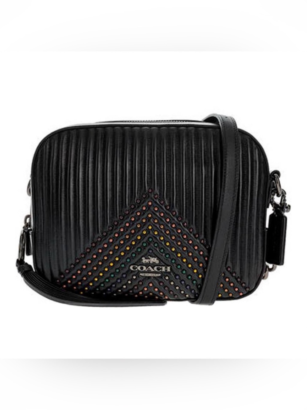 Coach Black Leather Crossbody with Multicolor / Rainbow Stud Chevron
